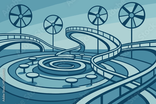 Futuristic blue landscape with winding paths and circular wind turbines