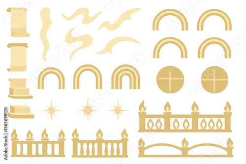 Golden icon set with scrolls, arches, flames, and circular windows