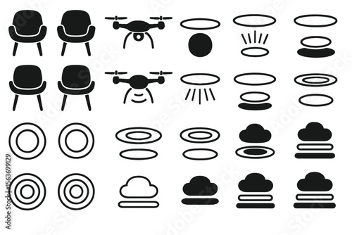 Set of minimal black icons with chairs, drones, and ring-based elements on a metallic background
