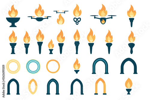 Set of glowing flame icons with torches, portals, and drones