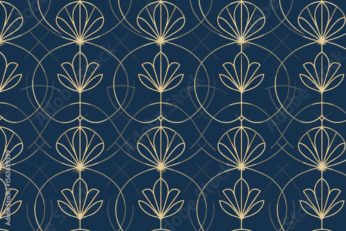Elegant gold floral art deco pattern on deep blue background