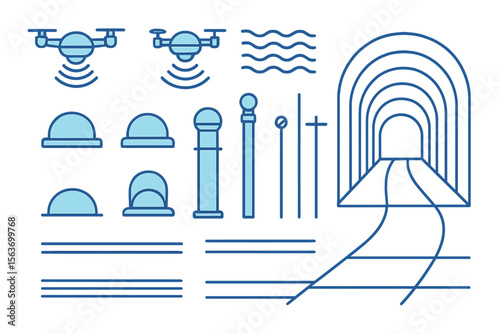 Futuristic park elements including drones, domes, and light tunnel