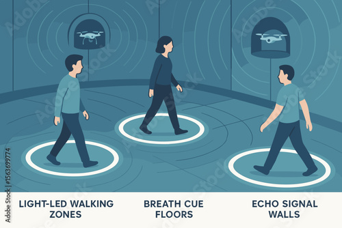 Futuristic smart room with guided walking zones, cue floors, and echo signal walls