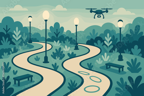 Scenic park path with benches, streetlights, and hovering drone