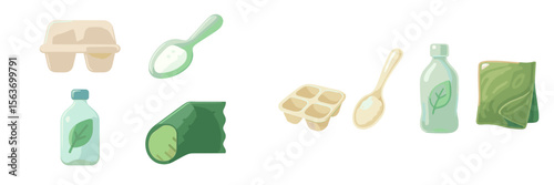 Various eco-friendly kitchen tools and ingredients displayed on a clean surface in a bright, minimalistic setting