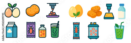 Various food items and drink ingredients displayed in a colorful layout showcasing healthy choices and processing methods