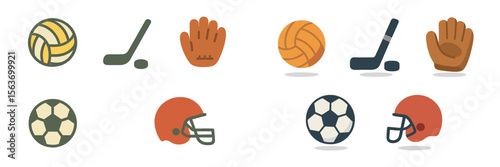 Various sports equipment icons arranged in two rows showcasing volleyball, hockey, soccer, and football gear