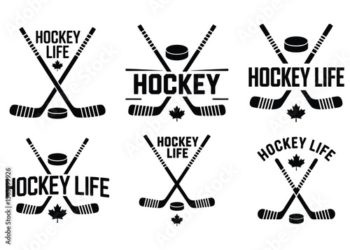 Black and white hockey logos with crossed sticks puck and maple leaf elements