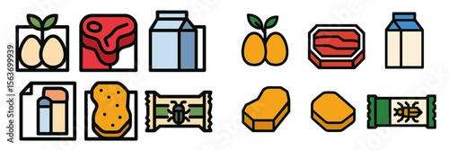 Colorful icons representing various food items and grocery products displayed on a simple, clean background