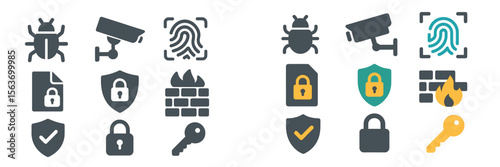 Security symbols represent various aspects of cybersecurity and physical safety measures in a design suitable for tech-related content
