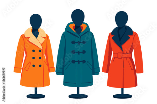Colorful winter coats displayed on mannequins in a stylish clothing store during autumn season