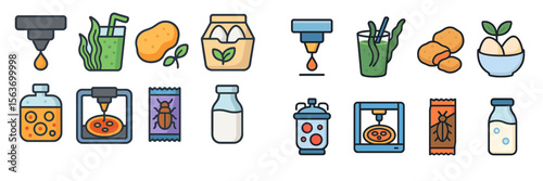 Innovative food icons depicting production, ingredients, and processes in a clean and colorful design