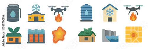 Emergency response icons depicting firefighting and water management in various scenarios and locations