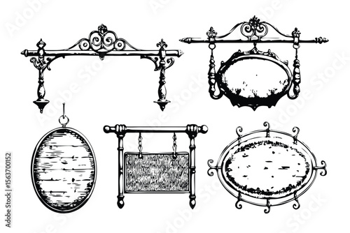 Old Tavern Signs Vector Engraving Set. Detailed Monochrome Hanging Signboard Icons & Symbols. Vintage Stipple & Hatching Illustrations