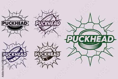 Creative puckhead logo designs with hockey puck elements and crack effect decorations