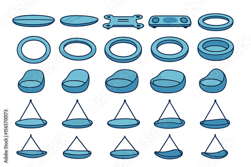 Futuristic seating and platform icons in a stylized blue vector set