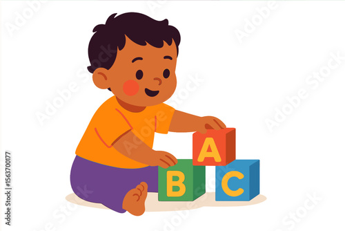 Young child engaged in play with colorful alphabet blocks on a bright surface during daytime