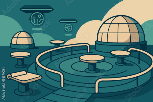 Futuristic terrace with round platforms, domes, and hovering tech displays