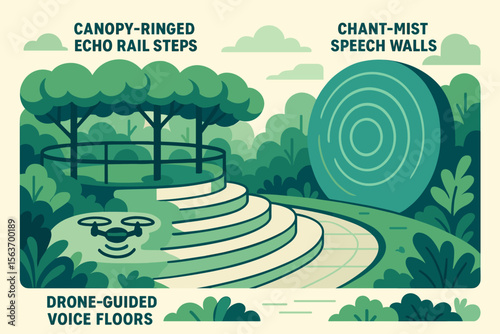 Futuristic nature park with labeled drone and soundscape features
