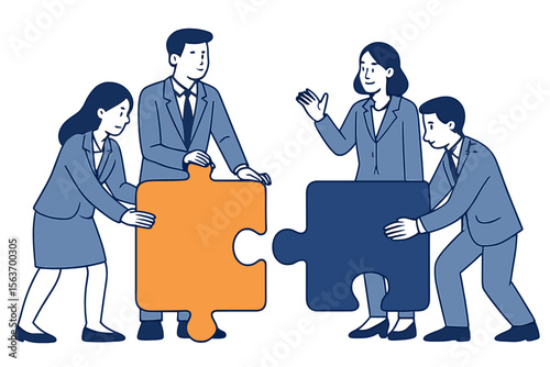 Teamwork in action as four professionals collaborate on a puzzle to symbolize unity and problem-solving skills