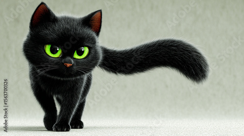 Cartoon 3D style cat walking from right to left with head held high, graceful, black