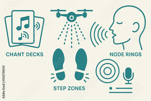 Minimalist icons of chant decks, drones, and audio zones