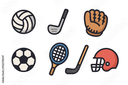 Collection of sports equipment including volleyball, soccer ball, golf club, baseball glove, tennis racket, and football helmet displayed together