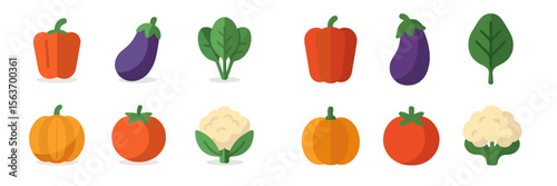 Colorful collection of fresh vegetables displayed in a flat design style on a white background