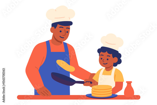 Culinary activity between a chef and a child while preparing stacks of pancakes in a cozy kitchen setting