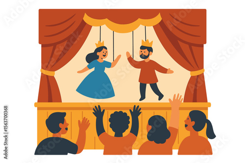 Children enjoy a puppet show featuring a prince and princess in a vibrant setting during an afternoon event at a local theater