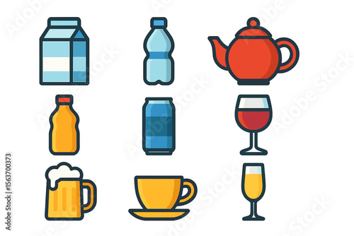 Diverse collection of beverage containers including milk, water, tea, and juice displayed on a white background