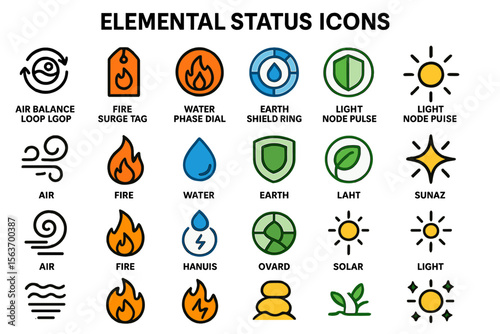 Set of colorful elemental status icons for fire, water, earth, air, and light