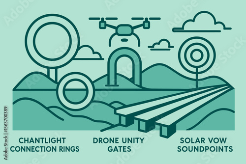 Futuristic landscape with labeled rings, drone gates, and soundpoints