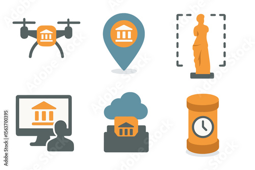 Icons representing various technology applications in cultural heritage preservation and management