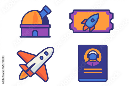 Colorful illustrations of space-themed icons including a rocket, a ticket, an astronaut, and a space observatory in flat design