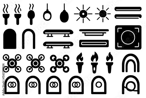 Set of minimal park and tech icons including torches, benches, and drones