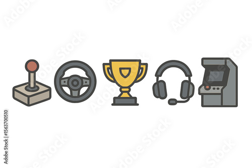 Various gaming icons depicting a joystick, steering wheel, trophy, headset, and arcade machine in a playful design