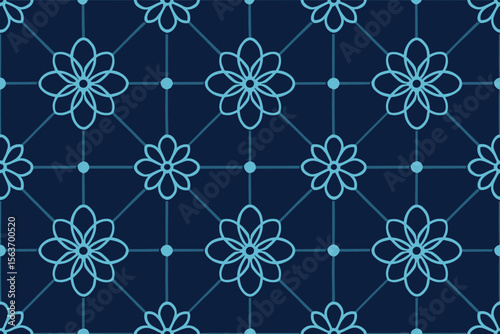 A geometric pattern featuring connected flower shapes with light blue outlines on a dark navy background.