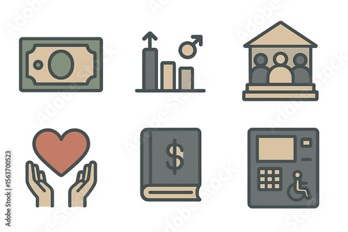 Financial symbols representing economy, investment, and social values in a simple illustration