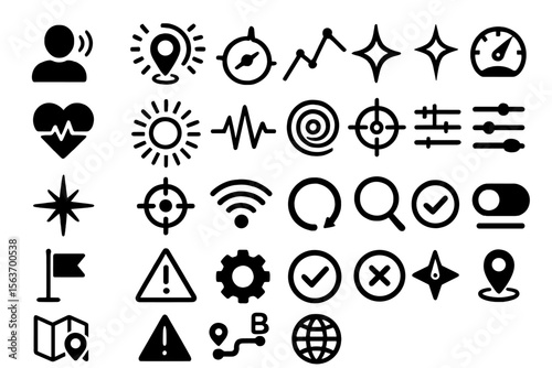 A set of minimalistic black vector icons including user, location, settings, search, warning, wifi, and other UI elements.