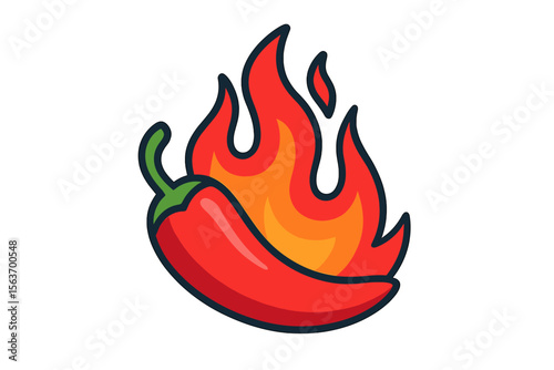Bright red chili pepper with flames symbolizing heat and spice in vibrant illustration