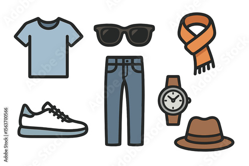 Fashion accessories and clothing items arranged creatively for a casual outfit