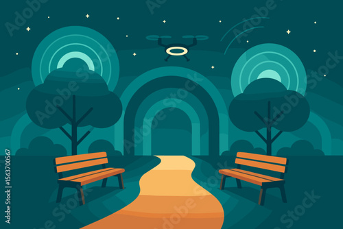 Serene park scene with glowing rainbow arches, two benches, a drone flying overhead, and a peaceful nighttime atmosphere.