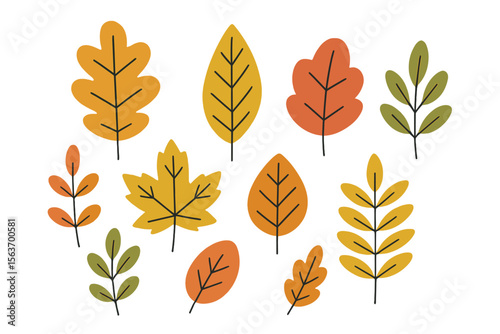 Colorful autumn leaves in various shapes and sizes on a white background