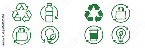 Icons representing recycling processes and sustainable practices in a modern urban environment focused on waste management and environmental awareness