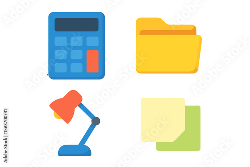 Digital workspace essentials with calculator, folder, desk lamp, and sticky notes