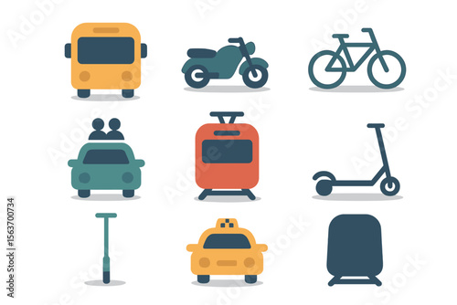 Various modes of transportation illustrated in a colorful minimalist style showcasing urban mobility options
