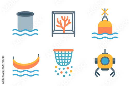 Various underwater elements showcasing marine life and equipment in a stylized graphic representation
