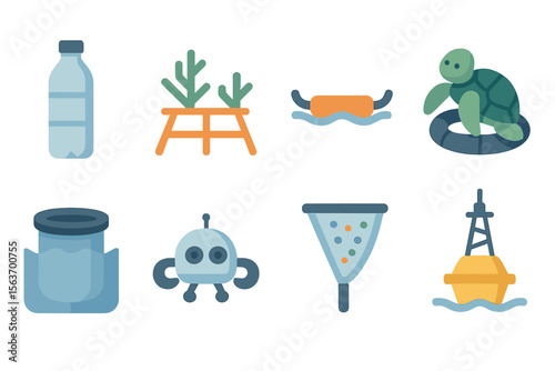 Collection of aquatic and environmental icons showcasing a water bottle, turtle, and various marine elements in a colorful style