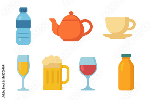 Collection of drink containers including water bottles, tea pots, and various glassware displayed together